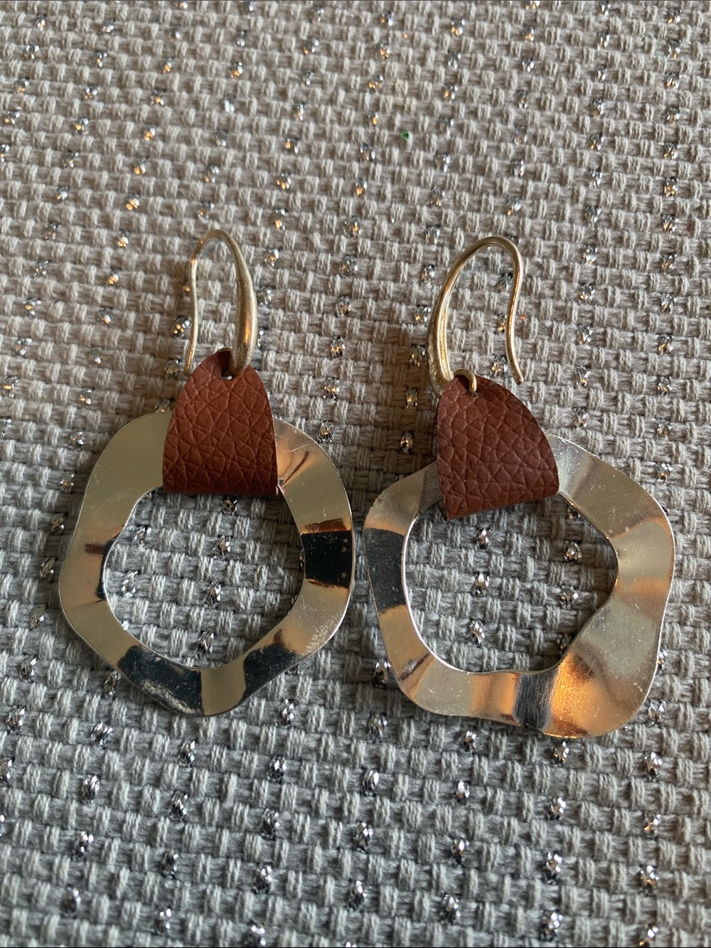 Silver Hoop Earrings with Brown Leather Accent - Women Jewelry
